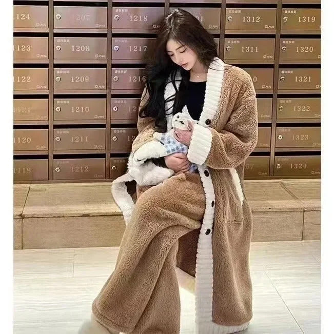 Women's Autumn Winter New Coral Velvet Sleepwear V-neck Thickened Warm Fleece Robe De Maison Luxury Home Suit