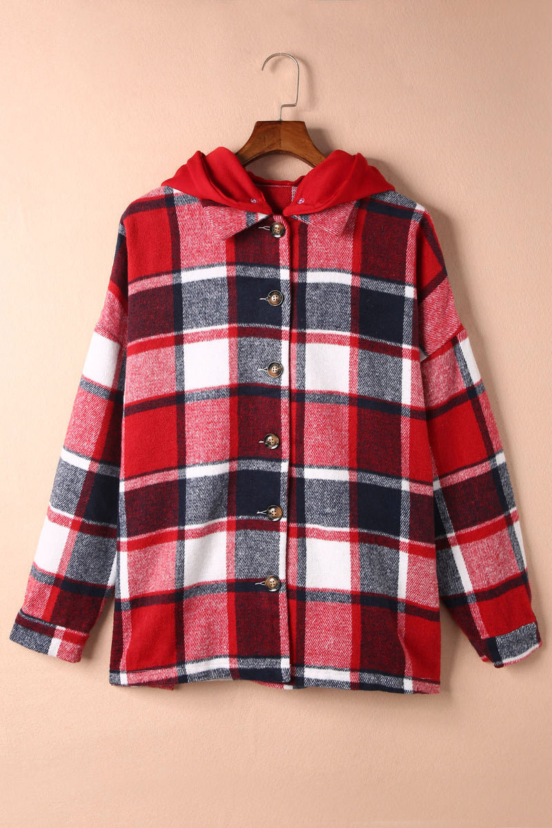 Green Hooded Plaid Button Front Shacket