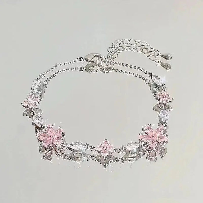 Shiny Pink Crystal Cherry Blossom Bracelets For Women Girls Sweet Moon Bow Flowers Zircon Bracelet Party Aesthetic Egirl Jewelry