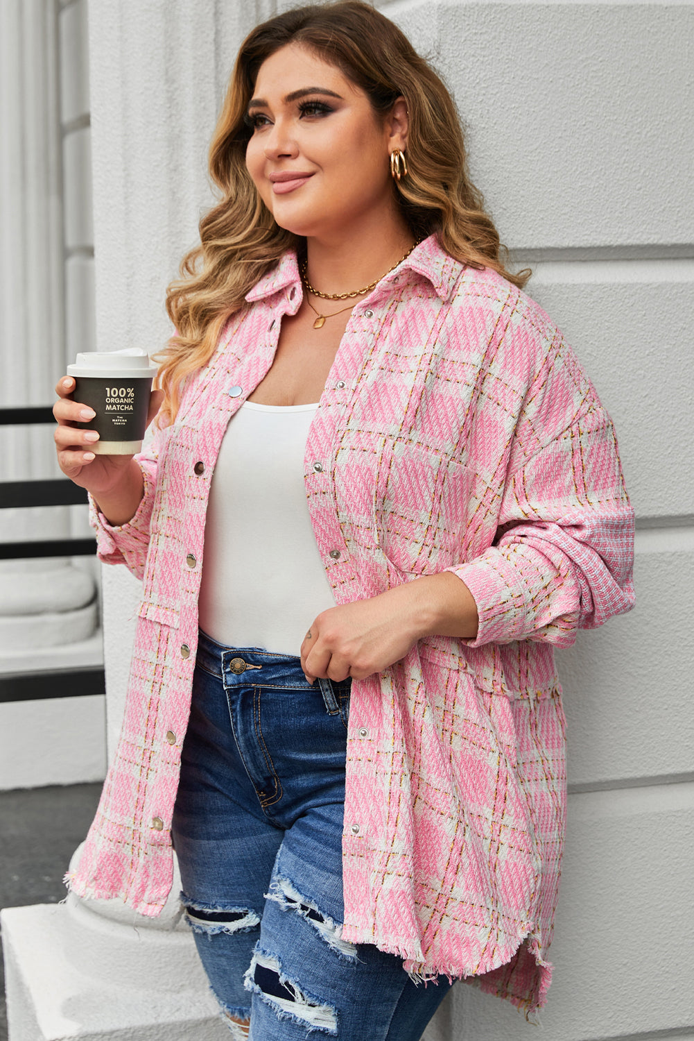 Pink Plus Size Tweed Plaid Houndstooth Print Jacket