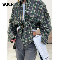 Clacive Fashion Baggy Plaid Women'S Blouse Elegant Lapel Long Sleeve Shirts And Blouses Vintage Pocket Lace-Up Top Female