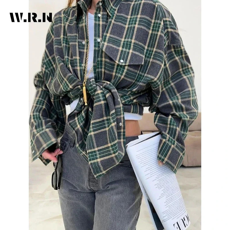 Clacive Fashion Baggy Plaid Women'S Blouse Elegant Lapel Long Sleeve Shirts And Blouses Vintage Pocket Lace-Up Top Female