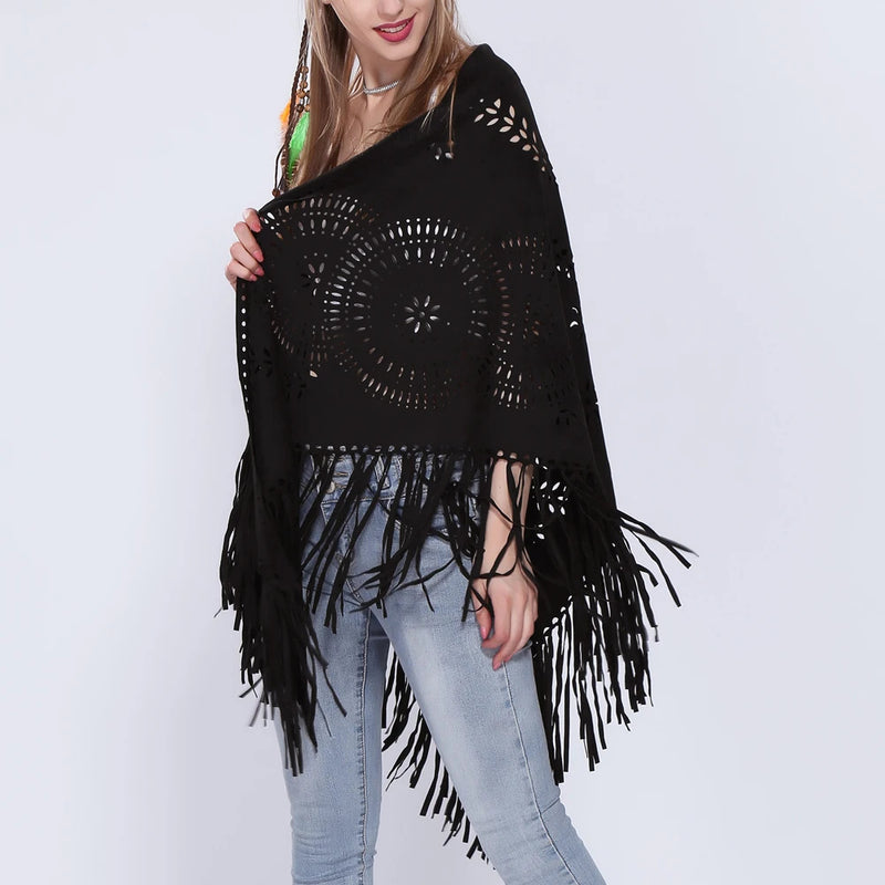 Women's Loose Suede Fringe Open Poncho Cloak Shawl Wrap with Punch Hole Patterns and Graceful Fringes Dropshipping