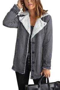 Green Gray Lapel Collar Button Fleece Jacket