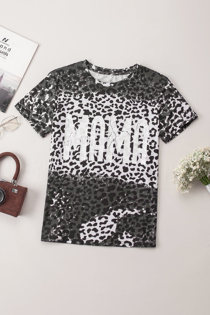 Black MAMA Leopard Print Short Sleeve Casual Graphic Tee