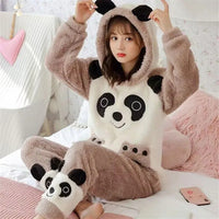 2024 New Coral Fleece Warm Women Pajamas Thickening Hooded Long Sleeve Women 2 Piece Outfit Set Cute Printing Women Home Clothes