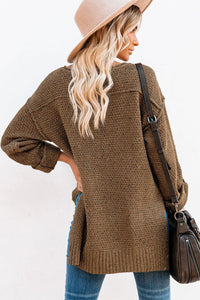 Brown Buttoned Drop Shoulder Knitted Sweater