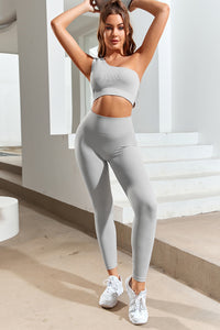 Gray Single Split Shoulder Ribbed Cropped Sports Top