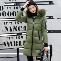 Women Winter Fur Collar Hooded Parka Fashion Letter Patch Zipper Pockets Design Long Jacket Elegant Slim Warm Thick Female Coats