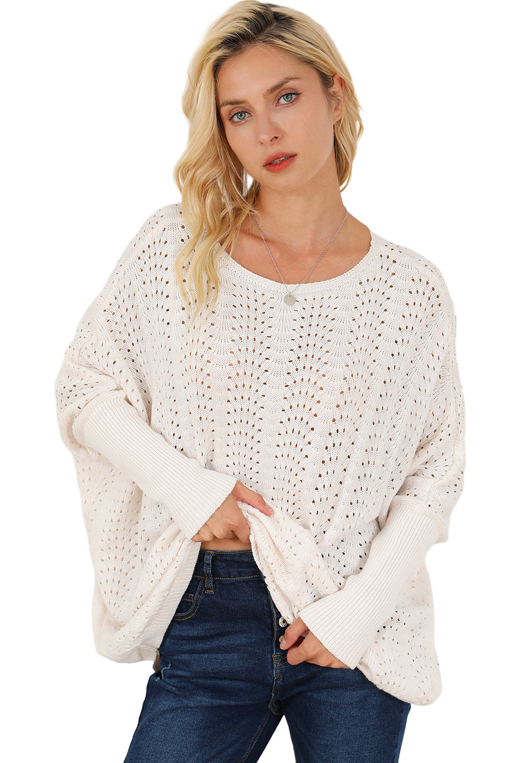 Beige Ribbed Hollow Knit Dolman Sleeve Sweater