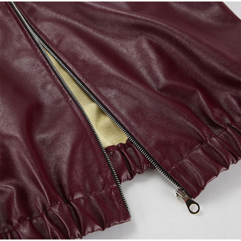 Elegant Burgundy Faux Leather Jackets Women Fashion Lapel Zipper Long Sleeve Female Coats 2024 Autumn Winter Lady Street Outwear