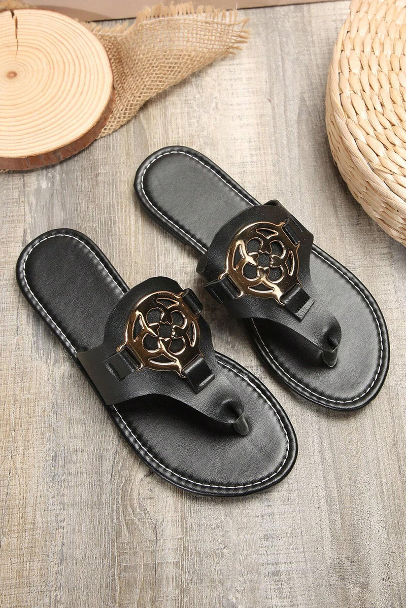 Black Metal Décor Leather Thong Slippers