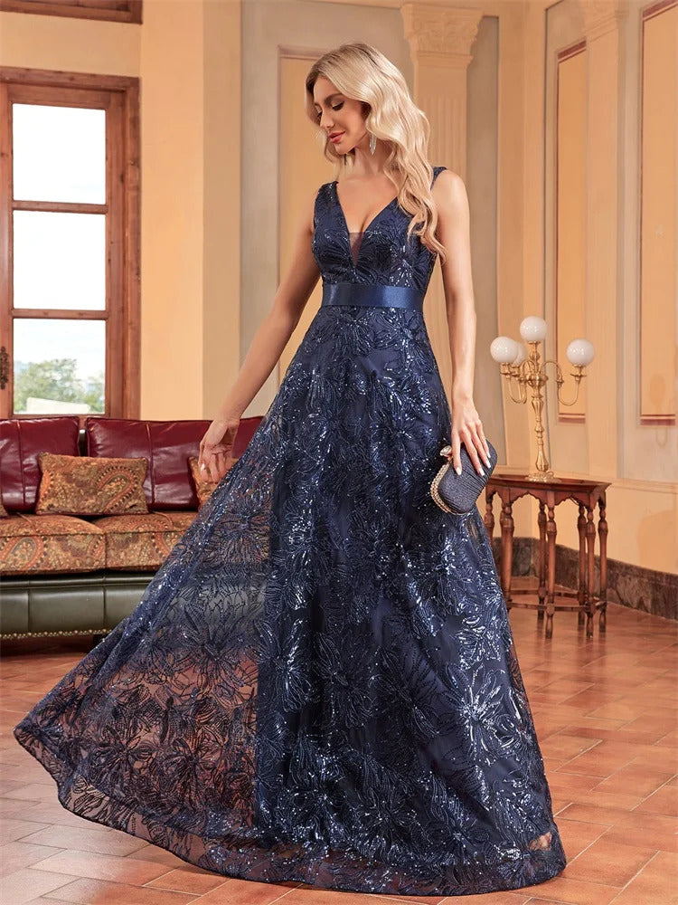 Lucyinlove Luxury Sexy Deep V-Neck Sequins Blue Evening Dresses Women Elegant V-back Wedding Party Long Prom Cocktail Dress