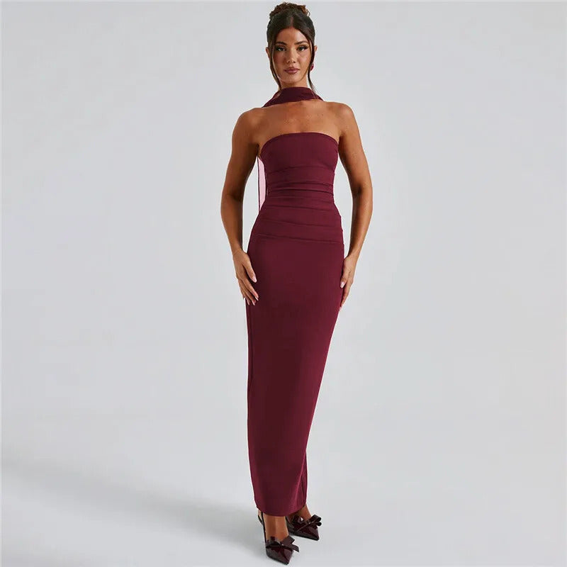 Mozision Strapless Backless Sexy Maxi Dress For Women Burgundy Mesh Sleeve Off-shoulder Bodycon Club Party Evening Long Dress