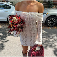 White Floral Lace Off-shoulder Maxi Dress For Women Elegant Strapless Backless Long Sleeve Bodycon Robes 2024 Lady Party Dresses