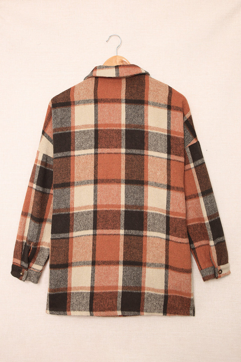 Orange Plaid Print Buttoned Shirt Jacket