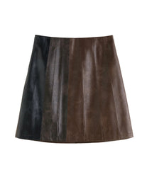 DUSHU Women PU Leather Above-Knee Length Skirts Patchwork Design Female Winter Brown A-LINE Skirt Polyurethane Skirt 24DS84535