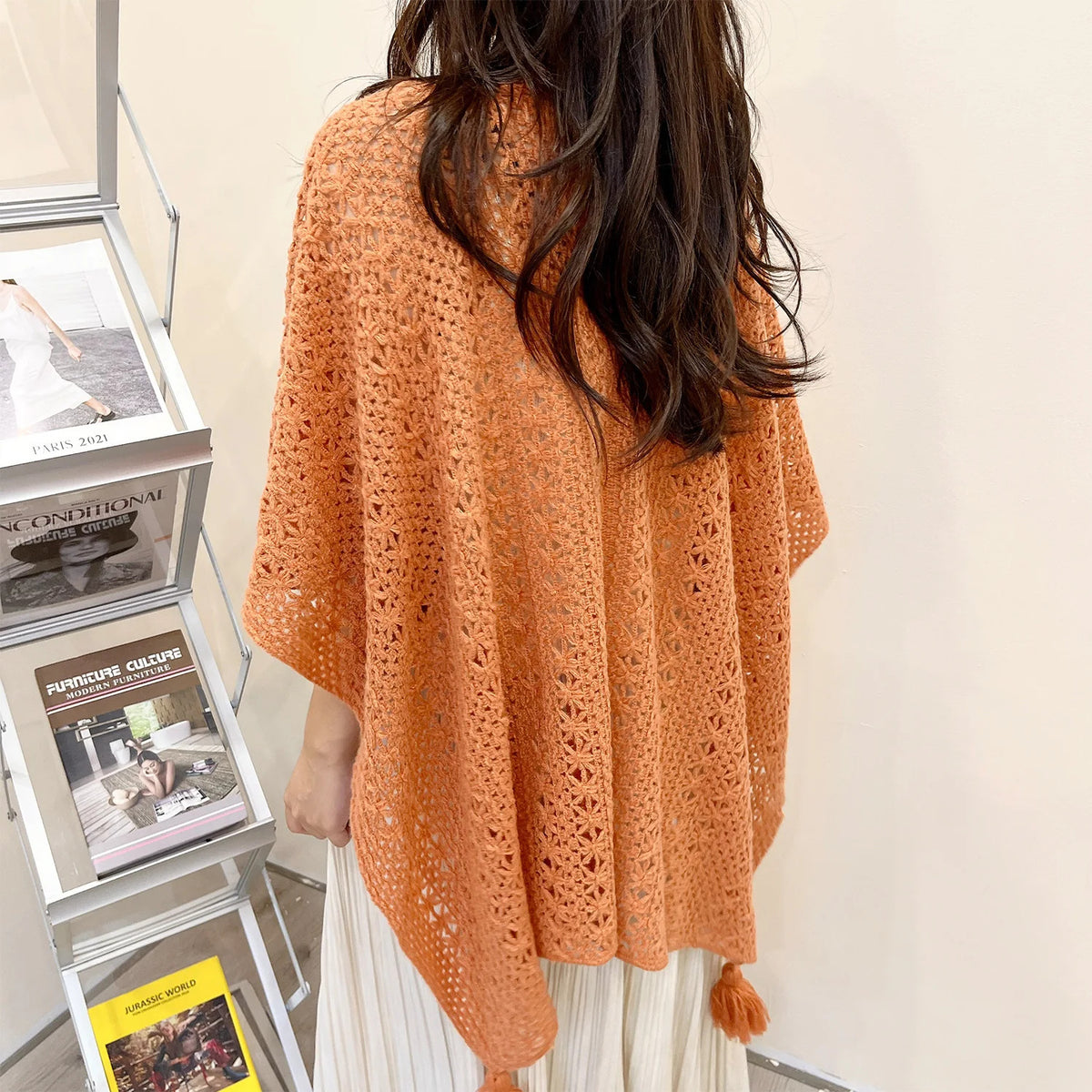 Poncho Cloak Ethnic Style Tourism Holiday Outwear Photography Knitted Tassel Split Shawl for Women Capes Lady Spring Coat