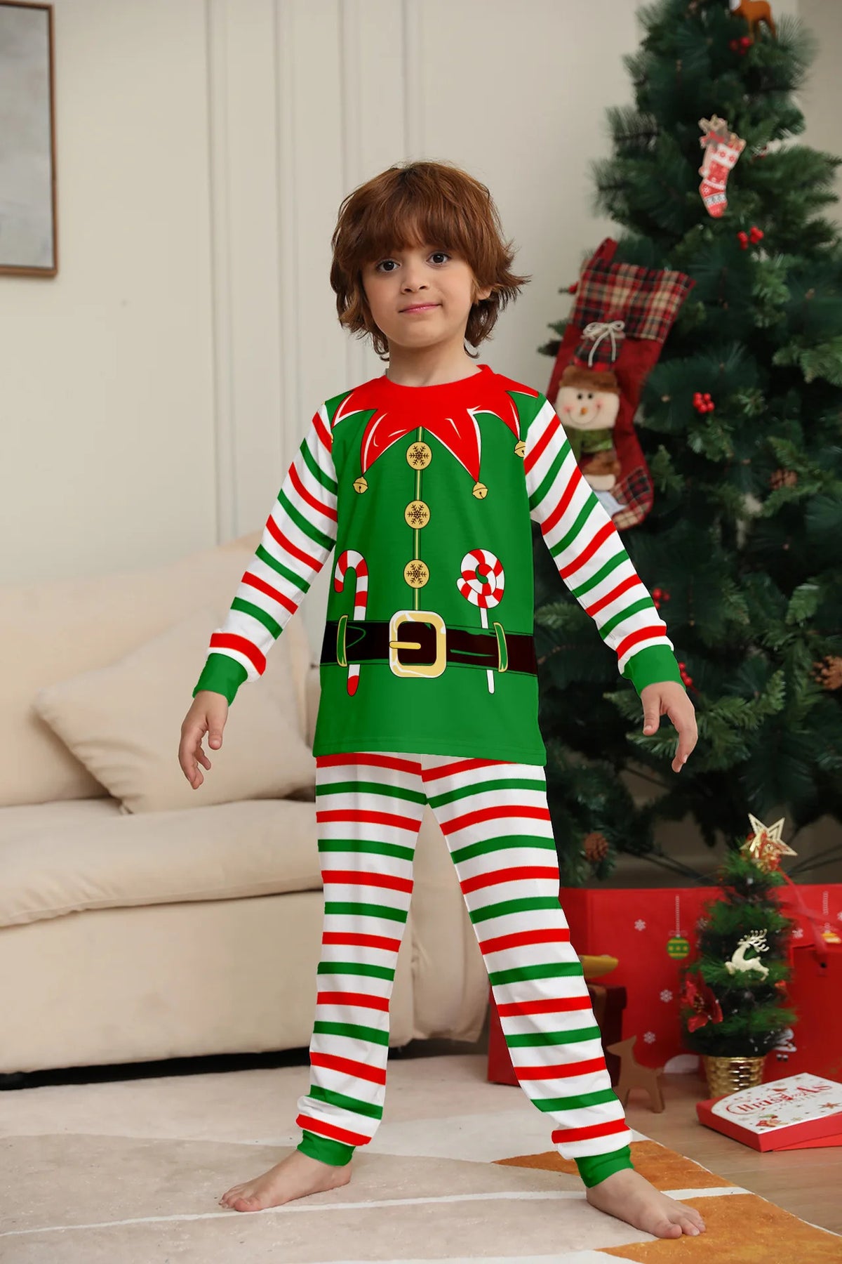 Christmas Family dress Christmas elements clothing for boys girls Adult baby set Halloween fun printed green stripe family dress