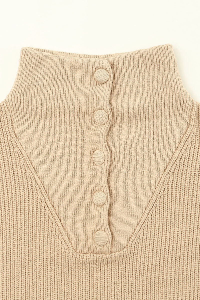 Khaki Buttoned Turn Down Collar Comfy Ribbed Sweater