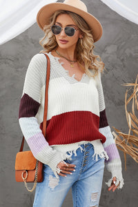 Gray Colorblock Distressed Sweater