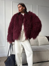 Burgundy Fluffy Faux Fur Warm Short Coat Lady Elegant Round Neck Long Sleeve Cardigan Jacket 2024 Women Winter Street Outerwear