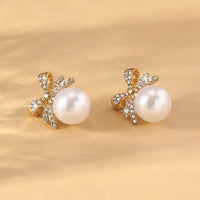 2 Women's Silver Needle Bow Studded With Diamond Pearl Earrings, Fashionable And Niche Design, High-end And Refreshing Earrings