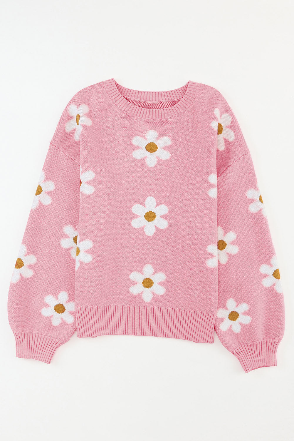 Pale Khaki Pink Floral Pattern Drop Shoulder Sweater