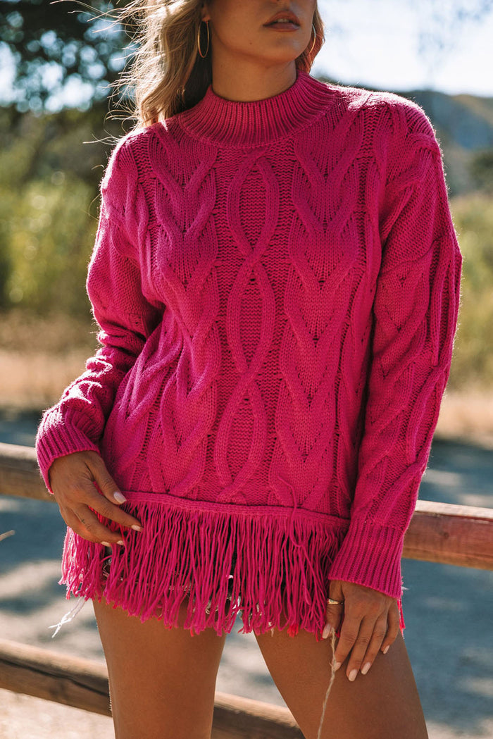 Rose High Neck Cable Knit Tasseled Sweater