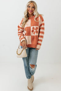 Orchid Petal Checkered Floral Print Striped Sleeve Sweater