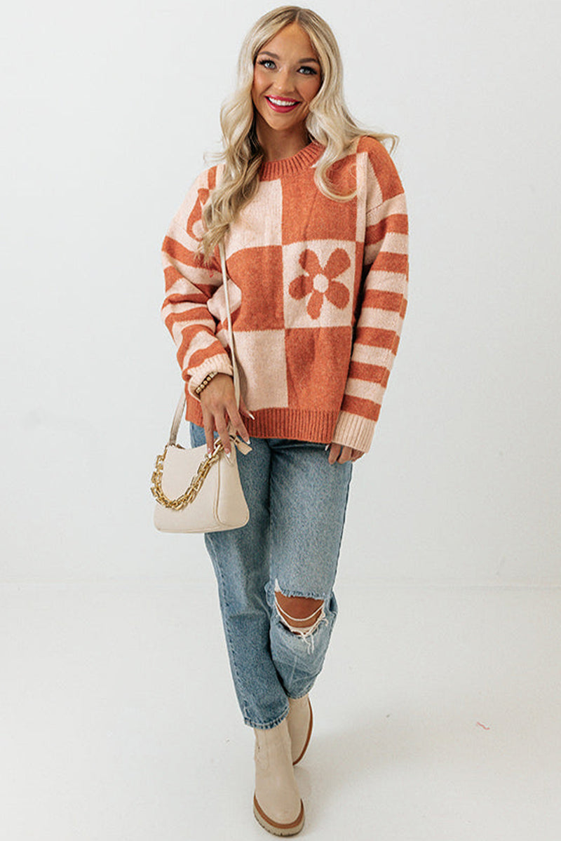 Orchid Petal Checkered Floral Print Striped Sleeve Sweater