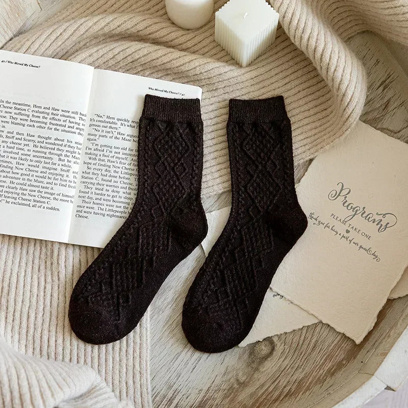 Winter Cashmere Wool Woman Socks Solid Japanese Style Harajuku Retro Long Socks Women Girls Thermal Vintage Streetwear Crew Sock