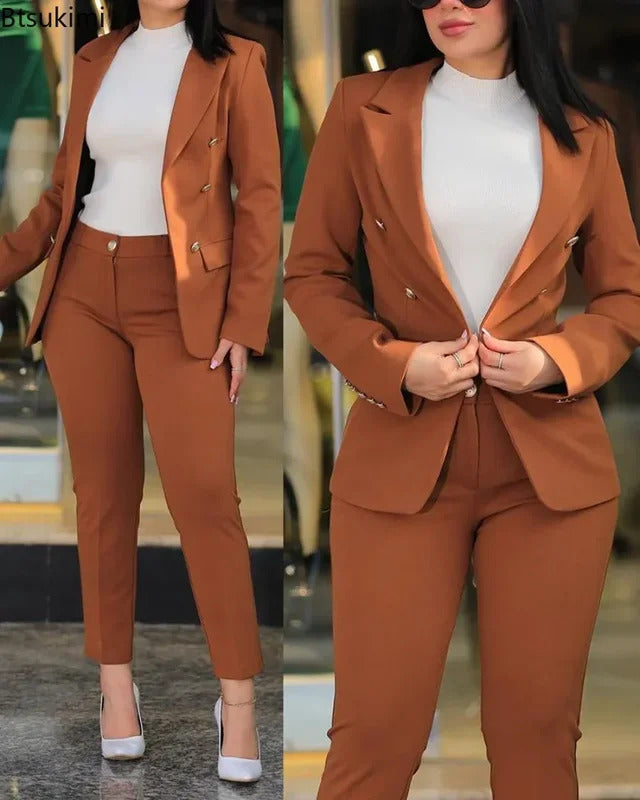 New 2025 Formal Office Pant Sets Women 2PCS Double Breasted Solid Blazers Jacket and Pants Two Pieces Set Female Pant Suits Sets