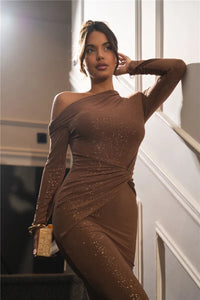 Mozision Sparkle Long Sleeve Sexy Maxi Dress For Women Inclined Shoulder Backless Bodycon Ruched Club Party Sexy Long Dress