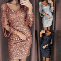 Women Long Shining Mini Sequined Sleeved Stitching Solid Sexy Dress Club Vestidos Para Mujer Casual Formal Graduation Pretty