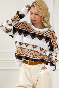 Multicolor Geometric Print Crew Neck Drop Shoulder Sweater