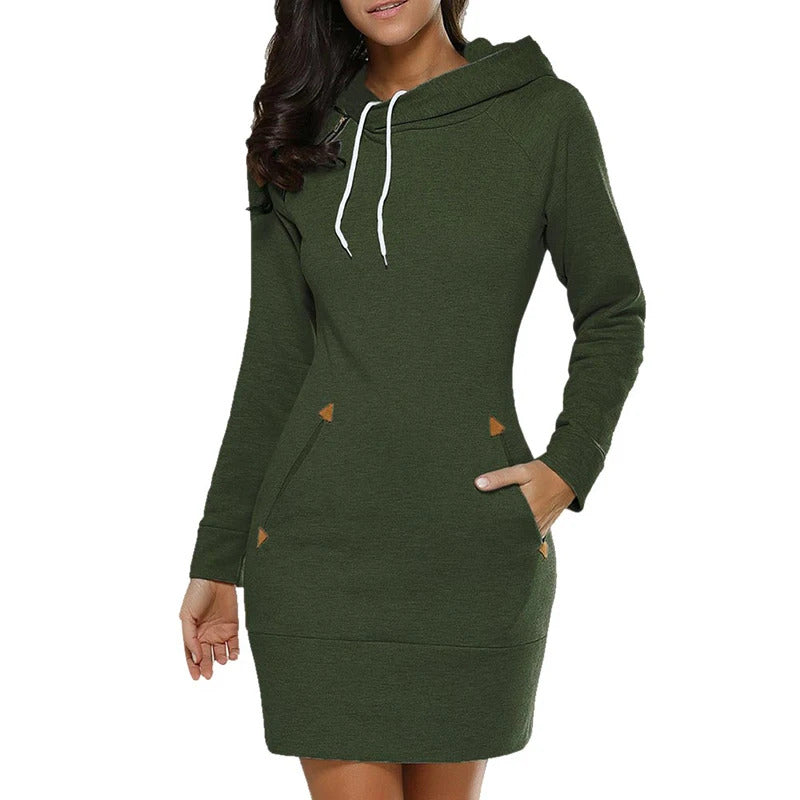 Women‘s Knee-Length Pockets Dress Hooded Warm Sweat Shirt Long Sleeve Side Zip Neckline Simple Casual Sports Skirt