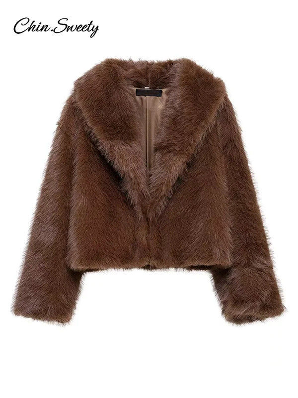 Brown Lapel Faux Fur Short Coat Women Fluffy Long Sleeve Warm Thick Loose Jacket 2024 Autumn Winter Lady High Street Outwear ﻿