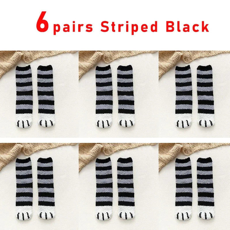 6 pairs Woman socks Set Cartoon Cute 3D Dog Cat Paw Pattern Winter Female Fleece Warm Home Floor Sleeping Thick Socks Wholesale