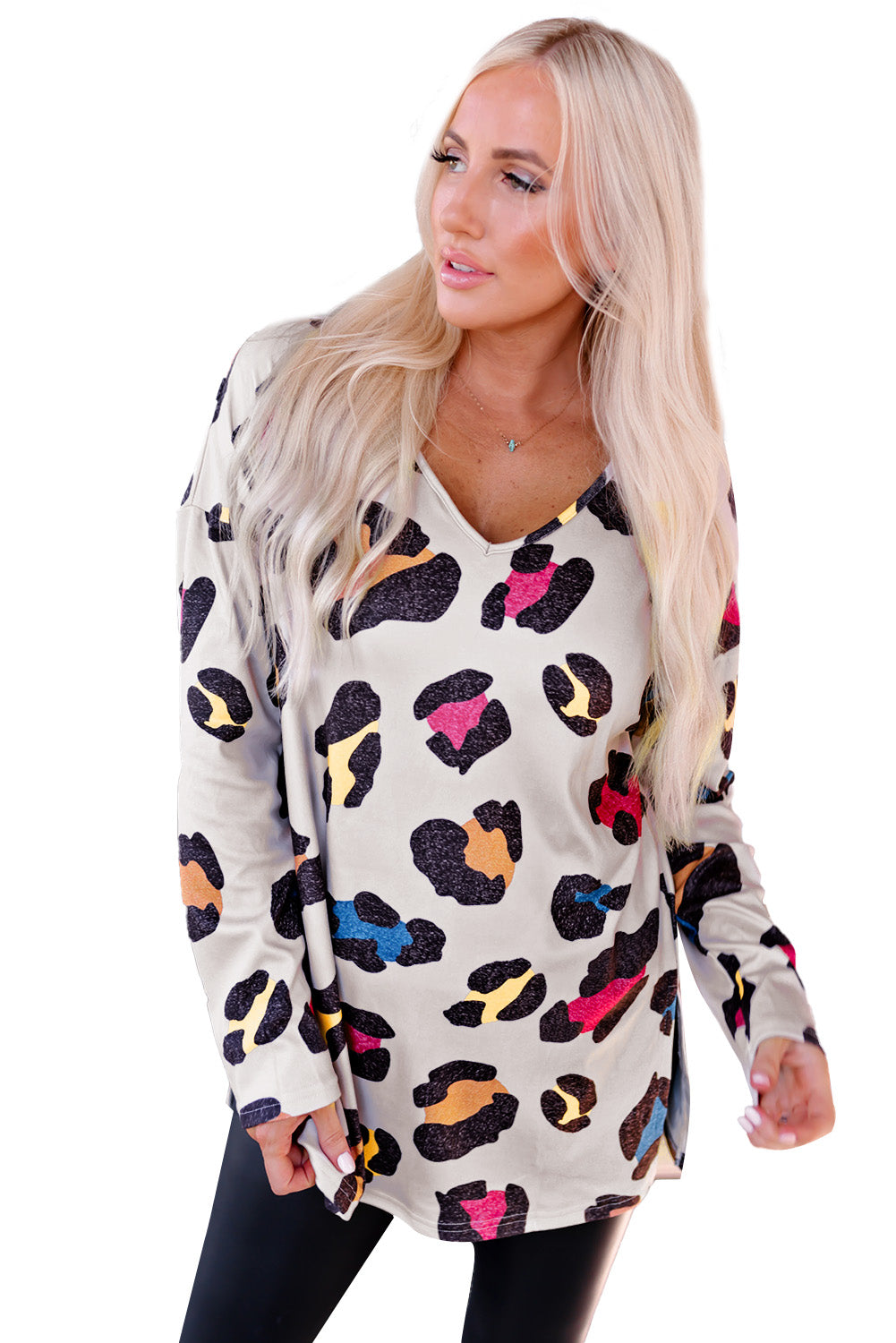 Apricot Colorful Leopard Print V Neck Long Sleeve Top with Slits