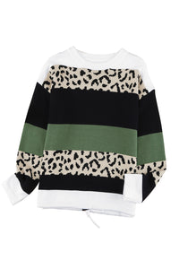 Green Crewneck Leopard Color Block Knit Pullover Sweater