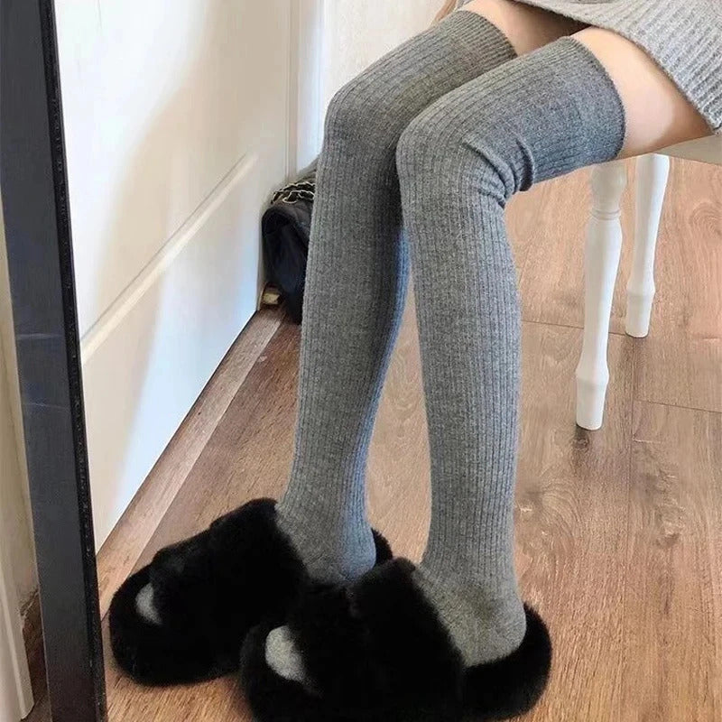 Wool Socks Woman Autumn/Winter Solid Color Thigh High Medias Lolita Thick Warm Stockings Black White Long Leg Socks for Female