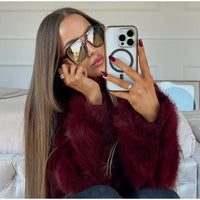 Fashion Burgundy Red Fluffy Faux Fur Short Coats Women Solid Lapel Full Sleeve Warm Jacket Winter New Chic High Street Outerwear