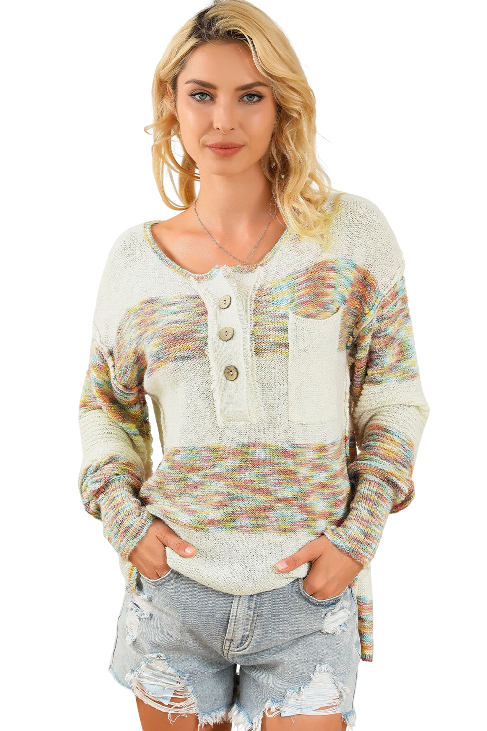 Multicolor Space Dye Henley Knit Sweater