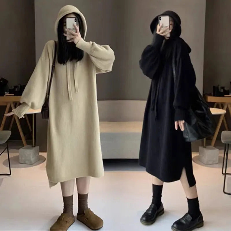 Mid-Length Hood Knitted dress Women 2024 New Autumn and Winter Idle Sle Loose Thickened Sweater Dress Base Women