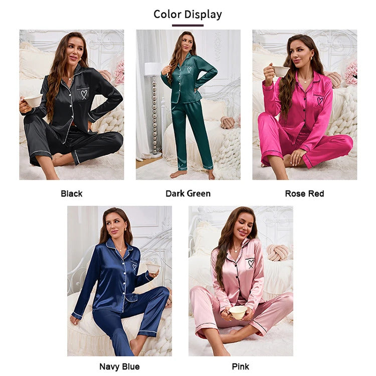 Autumn Satin Pajama for Women Heart-shaped Embroidery Sleepwear & Loungewear Long Sleeve Top & Pants Home Clothes Pyjama 2 Piece