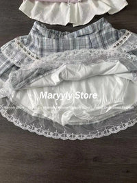 Japanese Sweet Preppy Style Skirt Set Women Kawaii Lace Patchwork Bow Tops + Y2k Plaid Mini Skirt Elegant Outifits 2 Piece Set