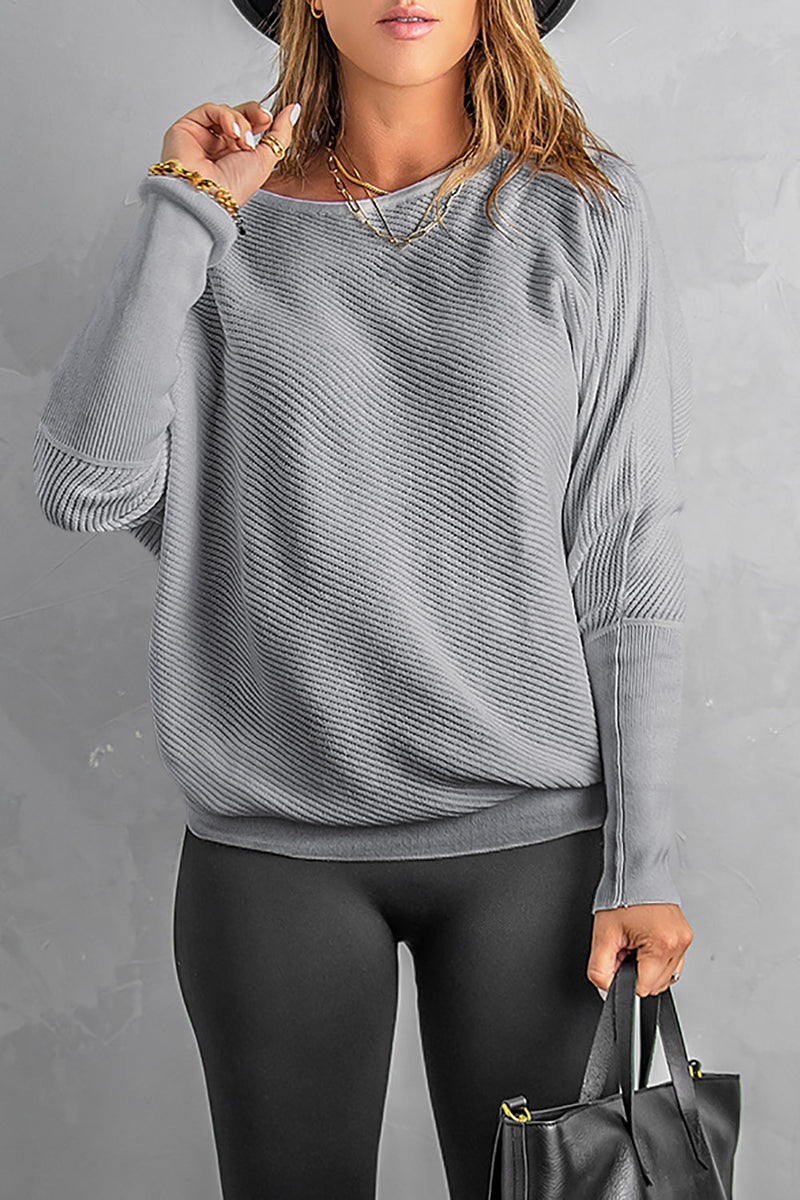 Gray Slouchy One Shoulder Dolman Sleeves Ribbed Sweater