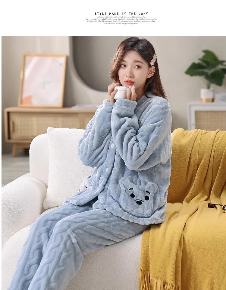 Thickened Warm Coral Velvet Pajamas Women's Autumn and Winter Padded Cartoon Bear Striped Flannel School Pajamas Winter Homewear