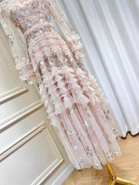 Summer Autumn Fashion Flower Embroidery Lace Prom Evening Dress Women Long Sleeve Layers Wooden Ear Edge Midi Cake Dresses Party